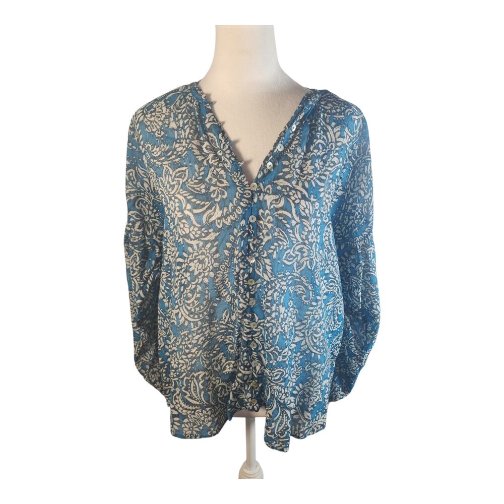 Zara Blue Floral Semi-Sheer Button LS Blouse Women's Large